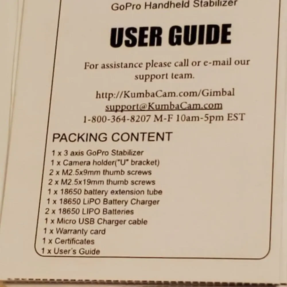 KumbaCam 3-Axis Handheld GoPro Gimbal Stabilizer. New, open box